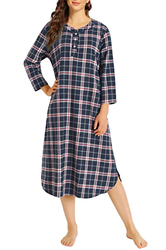 Latuza Damen Plaid Flanell Nachthemd Warm Baumwolle Midi Nachthemd, Marinerotes Karomuster, 3XL Große Größen von Latuza