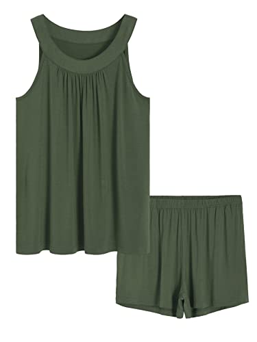 Latuza Damen-Pyjama-Set aus weicher Viskose, Tank-Top, Shorts, Sommer-Pyjama-Set, Armeegrün, L von Latuza