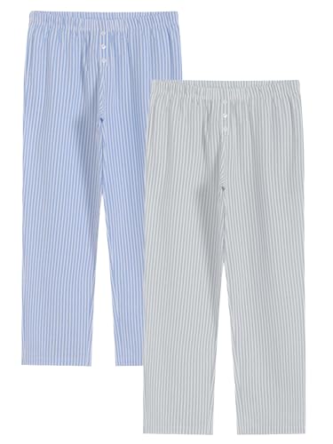 Latuza Damen Pyjamahose aus Baumwolle, Seersucker, Loungehose mit Taschen, 2 Stück, Grau gestreift / blau gestreift (2er-Pack), Medium von Latuza