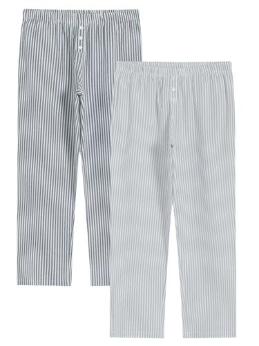 Latuza Damen-Pyjamahose aus Baumwolle, Seersucker, Loungehose mit Taschen, 2er-Pack, Schwarz gestreift / grau gestreift (2er-Pack), S von Latuza