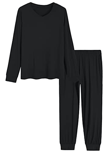 Latuza Damen-Schlafanzug, Bambus-Viskose, lange Ärmel, Jogginghose, Schwarz, XL von Latuza