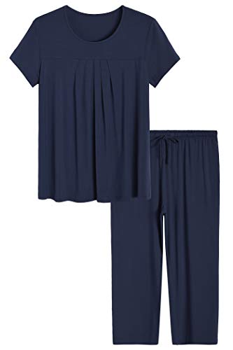 Latuza Damen Schlafanzug Plissee Loungewear Top und Capris Pjs Set, navy, 4XL Große Größen von Latuza