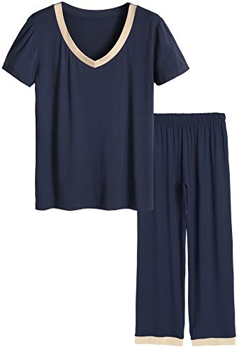 Latuza Damen V-Ausschnitt Nachtw mit kurzen „rmeln Top mit Hose Pyjama Set Mittel Marine von Latuza