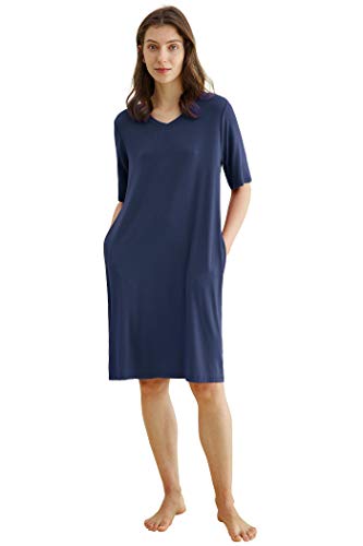 Latuza Damen Viskose Nachthemd V-Ausschnitt Sleepshirt mit Taschen, Marineblau, 3XL Mehr von Latuza