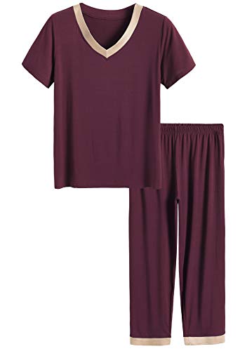 Latuza Damen v-ausschnitt nachtwäsche mit kurzen ärmeln top mit hose pyjama set WeinRot Large von Latuza