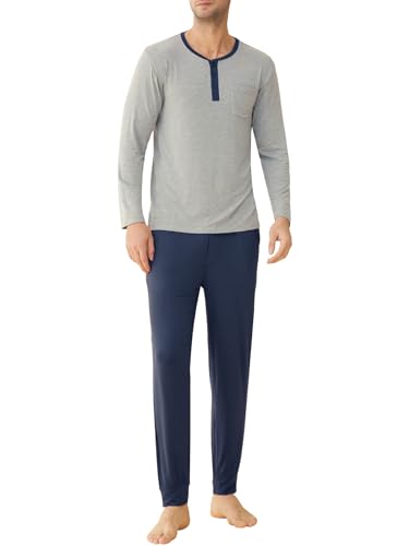 Latuza Henley Herren Pyjama-Set aus Bambus-Viskose, lange Ärmel, Oberteil und Hose - Blau - X-Large von Latuza