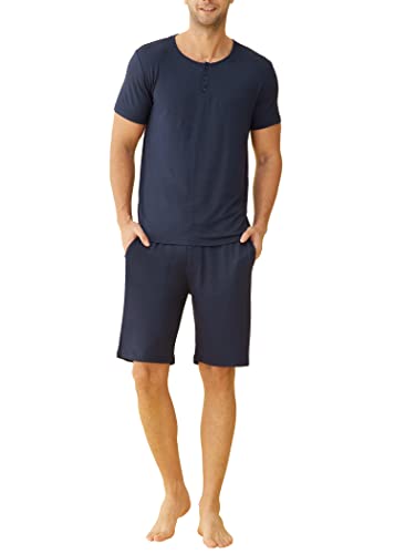 Latuza Henley-Shirt für Herren, Bambus-Viskose, Lounge-Shorts, Pyjama-Set, Marineblau, X-Large von Latuza