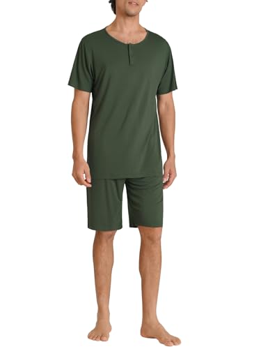 Latuza Herren Bambus Viskose Henley Shirt Lounge Shorts Pyjama Set, Armeegrün, XL von Latuza