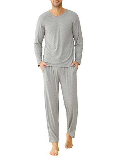 Latuza Herren Bambus Viskose Langarm Hemd Pyjama Hose Lounge Set, Hellgrau, XL von Latuza