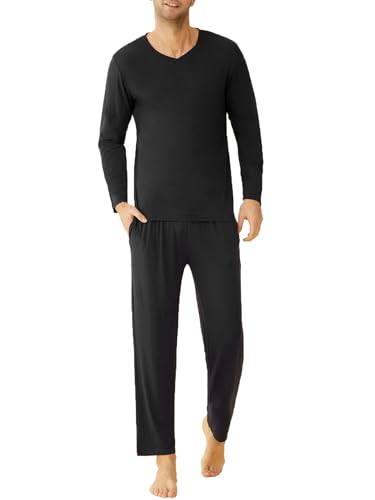 Latuza Herren Bambus Viskose Langarm Shirt Pyjama Hose Lounge Set, Schwarz, XL von Latuza