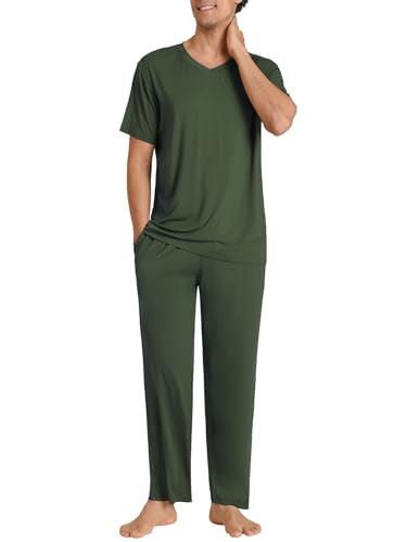 Latuza Weiches Herren-Pyjama-Set, Viskose, kurzärmelig, Oberteil mit Hose, Armeegrün, XL von Latuza