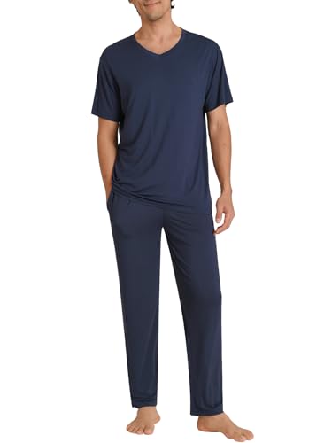 Latuza Weiches Herren-Pyjama-Set, Viskose, kurzärmelig, Oberteil mit Hose, Marineblau, L von Latuza