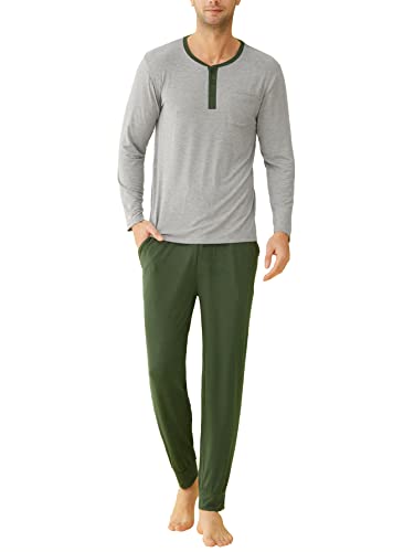 Latuza Herren Viskose Pyjama Set Henley Langarm Top Hosen, Grün (Army Green), Small von Latuza