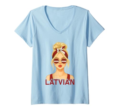 Damen Blond Latvian Girl Latvia Flag Latvian Girlfriend Wife T-Shirt mit V-Ausschnitt Damen Blond Latvian Girl Latvia Flag Latvian Girlfriend Wife T-Shirt mit V-Ausschnitt von Latvian Girl Designs Blond And Brunette