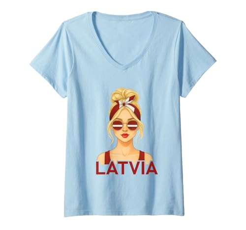 Damen Blond Latvian Girl Latvia Flag Latvian Girlfriend Wife T-Shirt mit V-Ausschnitt Damen Blond Latvian Girl Latvia Flag Latvian Girlfriend Wife T-Shirt mit V-Ausschnitt von Latvian Girl Designs Blond And Brunette