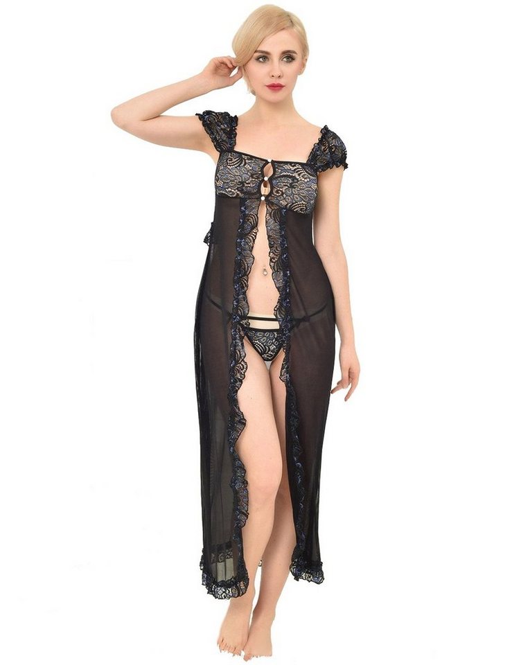 Lau-Fashion Negligé Dessous Set Langer Spitze Mantel Schwarz Reizwäsche String S/M von Lau-Fashion