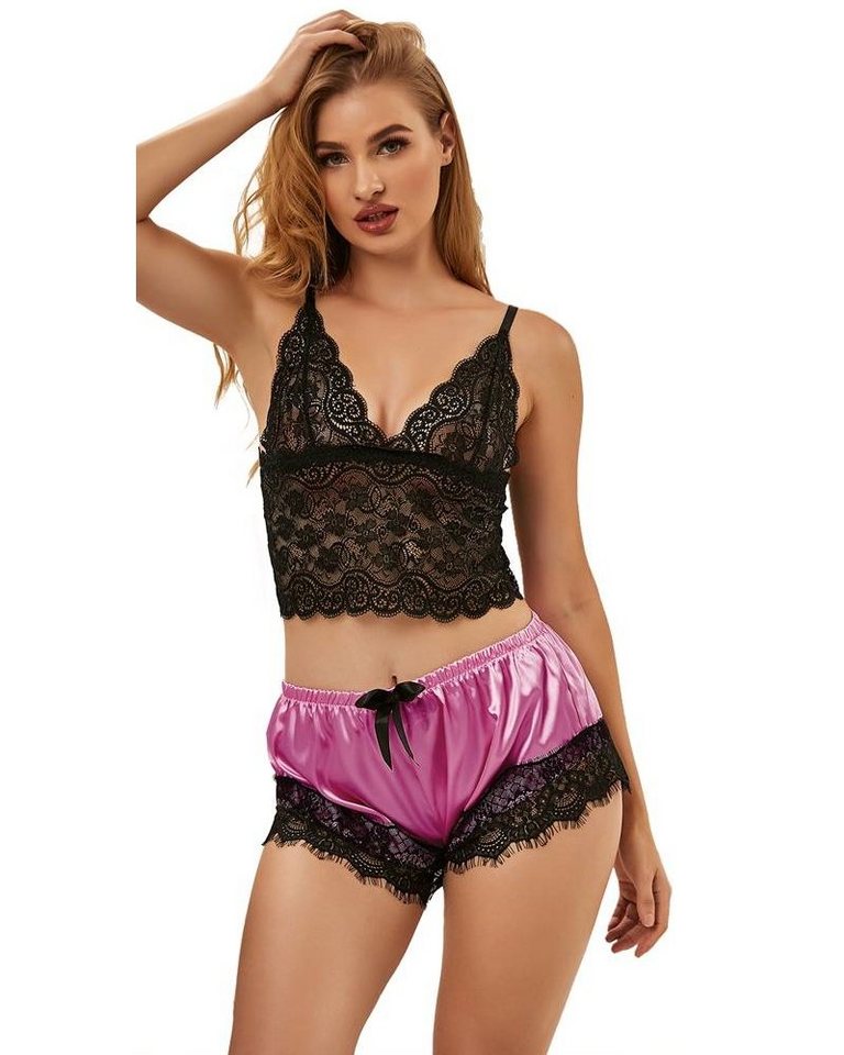 Lau-Fashion Set: Bralette-BH Spitze Frauen Schlafanzug Satin Pyjama Set zweiteilig Nachtwäsche S/XL von Lau-Fashion