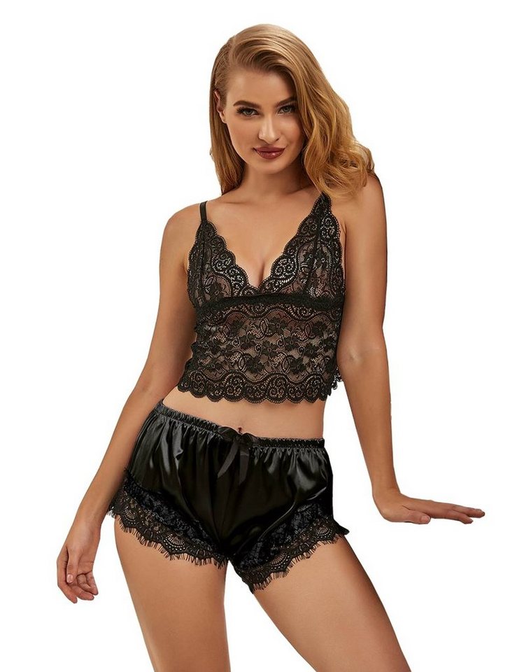 Lau-Fashion Set: Bralette-BH Spitze Frauen Schlafanzug Satin Pyjama Set zweiteilig Nachtwäsche S/XL von Lau-Fashion