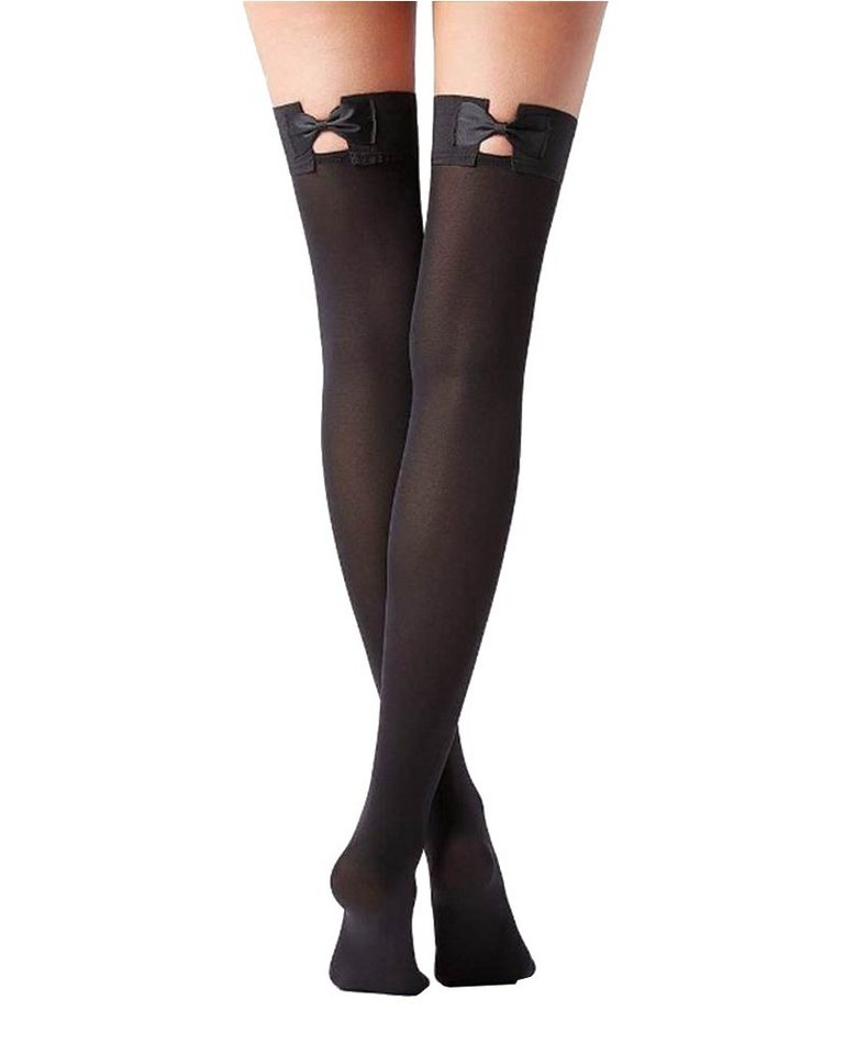 Lau-Fashion Strapsstrümpfe Damen Stockings Strapse Strümpfe Fliege Halterlos Nylon Schwarz M-XL von Lau-Fashion