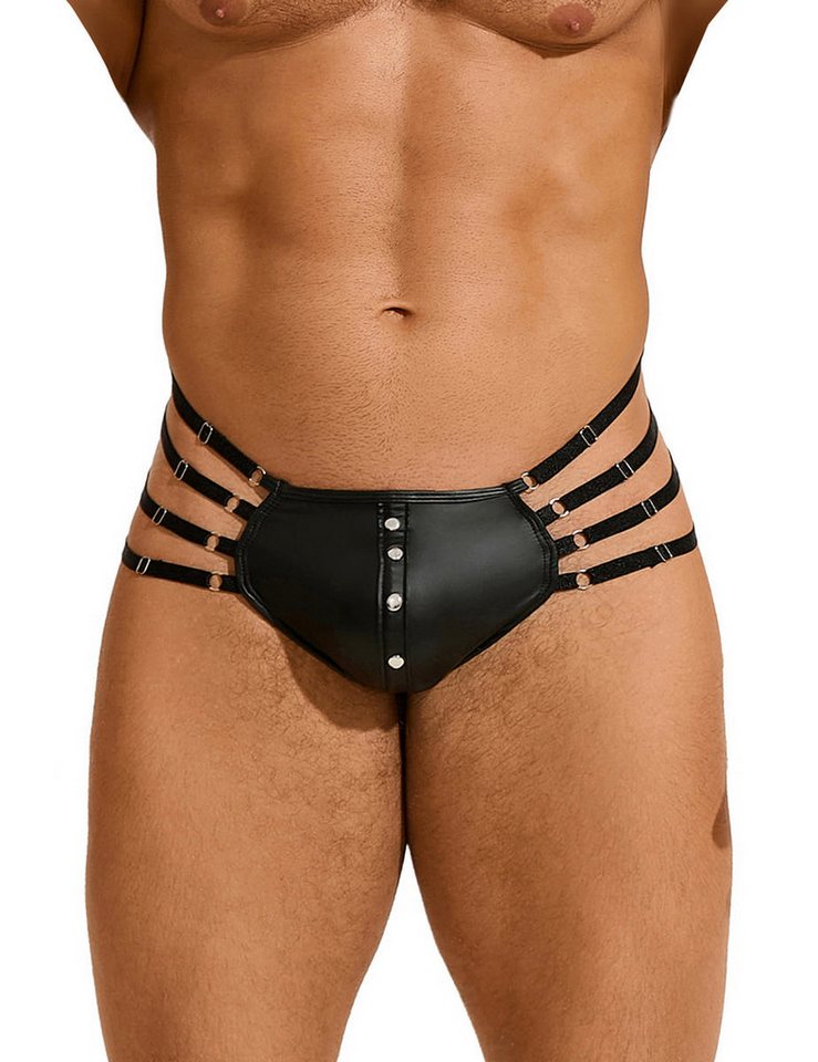 Lau-Fashion String Herren Wetlook Tanga Schwarz Harness Lack Leder Bänder Nieten M/L von Lau-Fashion