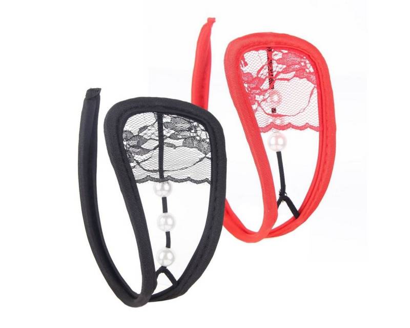 Lau-Fashion Stringtanga 2er Set Perlen C-String Slip Mini Bikini Schwarz Rot Unterhose S/M/L von Lau-Fashion