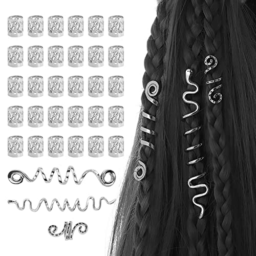 Laughhe 28PCS Dreadlocks Schmuck, Haarspiralen Clips Verstellbar Cuffs Haar Flecht Perlen Dreadlocks Perlen, Wikinger Haarschmuck Damen Haarperlen Braids Legierungs Zubehör für Frauen Männer (Silber) von Laughhe