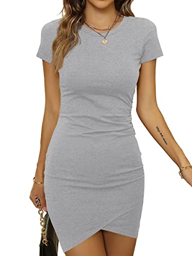 Laughido Bodycon Kleid Kurz Kurzarm Sommerkleid Damen Enges Wickelkleid Mini T Shirt Kleid (Heidegrau, X-Groß) von Laughido