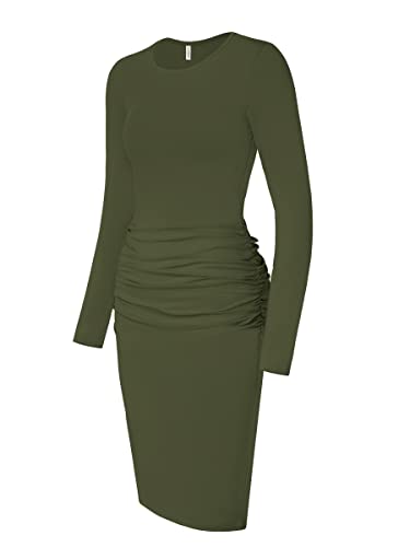 Laughido Damen-T-Shirt-Kleid mit langen Ärmeln, figurbetont, gerüscht, knielang, Etui, Grün (Army Green), X-Groß von Laughido