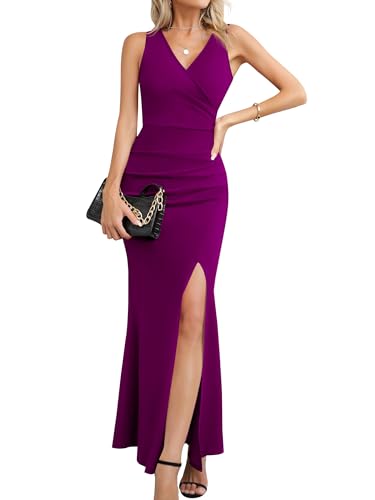 Laughido Elegant Cocktailkleid Maxikleid Festliche Partykleid Damen Sommerkleid Wickelkleid Bodycon Lang Hochzeit Abendkleider (Lila, X-groß) von Laughido