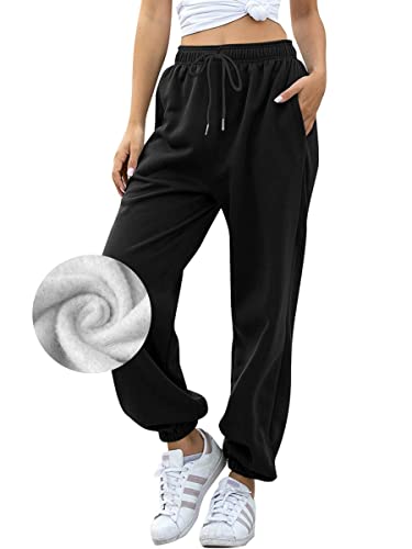 Laughido Jogginghose Sporthose Sweathose Freizeithose Lang Damen Warme Fleece Sweatpants mit Tasche (Schwarz, Klien) von Laughido