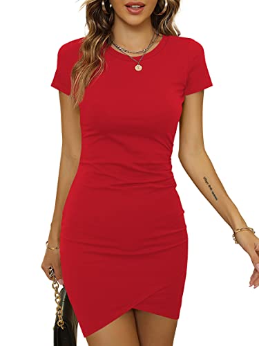 Laughido Mini Kurzarm Bodycon Rundhals Strandkleid Damen Wickelkleid Kurzes Sommerkleid Gerüscht Eng Tshirt Kleid (rot, mittel) von Laughido