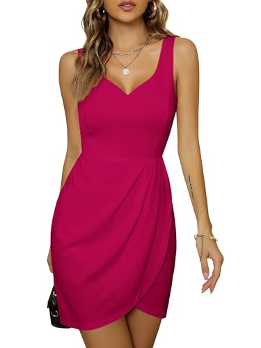 Laughido Sommerkleid Cocktailkleid Elegant Partykleid Wickelkleid Damen Festliche Minikleid Vintage Kleider (Rosenrot, XX-groß) von Laughido