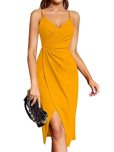 Laughido Wickelkleid Cocktailkleid Spaghettiträger Elegant Sommerkleid Damen Partykleid Abendkleid Midikleid Festliche Bodycon Hochzeit Ärmellos Kleider (Gelb, S) von Laughido