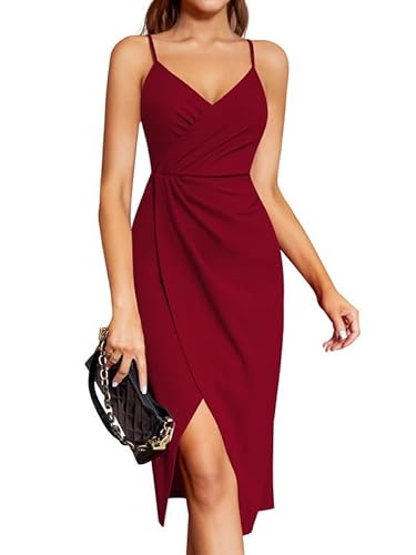 Laughido Wickelkleid Cocktailkleid Spaghettiträger Elegant Sommerkleid Damen Partykleid Abendkleid Midikleid Festliche Bodycon Hochzeit Ärmellos Kleider (Weinrot, X-Large) von Laughido