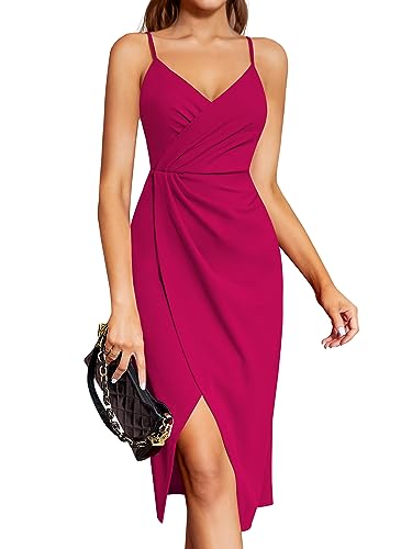 Laughido Wickelkleid Sommerkleid Spaghettiträger Elegant Cocktailkleid Damen Partykleid Abendkleid Midikleid Festliche Bodycon Hochzeit Ärmellos Kleider (Rosenrot, groß) von Laughido