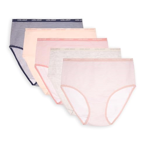 Laura Ashley Damen Baumwolle Slip Unterwäsche Set Hohe Taille Höschen für Frauen 5er Pack, Washed Stripe/Lt Bleach Heather/Blush Stripe/Shell Pink/Slate Stripe, M von Laura Ashley
