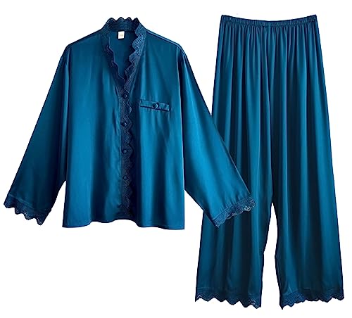 Laura Lily Women - Damen Pyjama Set aus Satin Seide, 2 Stücke Satin Schlafanzug mit Spitze, Langarm Nachtwäsche und Lange Hosen.BlauM1406 von Laura Lily Women