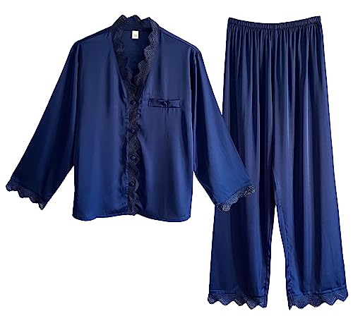 Laura Lily Women - Damen Pyjama Set aus Satin Seide, 2 Stücke Satin Schlafanzug mit Spitze, Langarm Nachtwäsche und Lange Hosen.Navy BlauXL1406 von Laura Lily Women