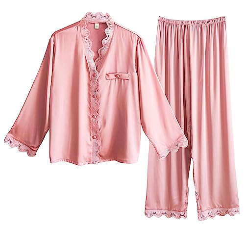 Laura Lily Women - Damen Pyjama Set aus Satin Seide, 2 Stücke Satin Schlafanzug mit Spitze, Langarm Nachtwäsche und Lange Hosen.RosaM1406 von Laura Lily Women