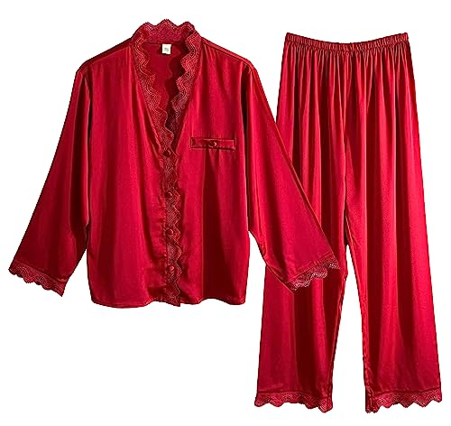 Laura Lily Women - Damen Pyjama Set aus Satin Seide, 2 Stücke Satin Schlafanzug mit Spitze, Langarm Nachtwäsche und Lange Hosen.RotL1406 von Laura Lily Women