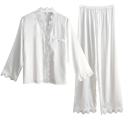 Laura Lily Women - Damen Pyjama Set aus Satin Seide, 2 Stücke Satin Schlafanzug mit Spitze, Langarm Nachtwäsche und Lange Hosen.WeißXL1406 von Laura Lily Women