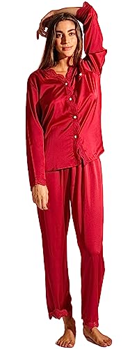 Laura Lily - 2-teiliges Damen-Pyjama-Set, Schlafanzug mit Knöpfen und Langen Hosen aus Satin, mit bestickter Spitze, weich, bequem, seidig und lässig. (Rot, M 38), 1403 von Laura in