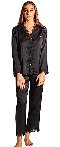 Laura Lily - 2-teiliges Damen-Pyjama-Set, Schlafanzug mit Knöpfen und Langen Hosen aus Satin, mit bestickter Spitze, weich, bequem, seidig und lässig. (Schwarz, L 40), 1403 von Laura in