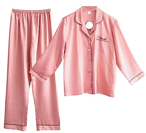 Laura Lily - 2-teiliges Damen-Pyjama-Set mit Knöpfen und Langen Satinhosen, gestreift, weich, bequem, seidig und lässig. von Laura Lily
