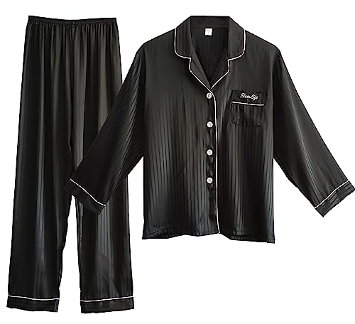Laura Lily - 2-teiliges Damen-Pyjama-Set mit Knöpfen und Langen Satinhosen, gestreift, weich, bequem, seidig und lässig. von Laura Lily