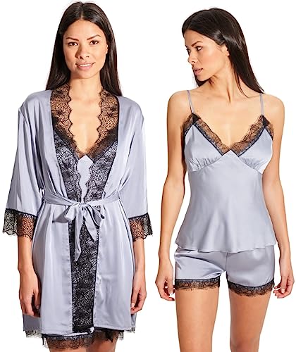 Laura in - 4-teiliges Damen-Seiden Pyjama-Set, Schlafanzug aus Satin mit bestickter Spitze. Band-Kimono-Robe, Cami-Top, Nachthemd und Shorts. Weich, bequem und elegant zum entspannen.GrauM1105 von Laura in