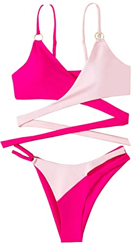 Laura Lily - Bikini-Set für Damen, zweifarbig, einfarbig, 2-teilig, Oberteil und Höschen für den Strand. Rosa L von Laura Lily