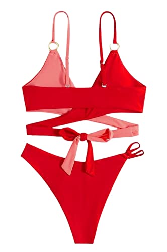 Laura Lily - Bikini-Set für Damen, zweifarbig, einfarbig, 2-teilig, Oberteil und Höschen für den Strand. Rot L von Laura Lily