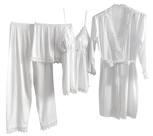 Laura Lily - Damen Pyjamas Schlafanzug aus seidig gestreiftem Satin, mit Spitze, 4-teiliges Set Weiß M-L, 1101 von Laura in