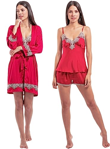 Laura Lily Damen-Pyjamas aus Satin, seidig, einfarbig, mit Spitze, 5-teiliges Set, rot, M/L von Laura in